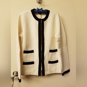 Talbot's sweater jacket. Off white with black trim. Medium.  Cotton blend.